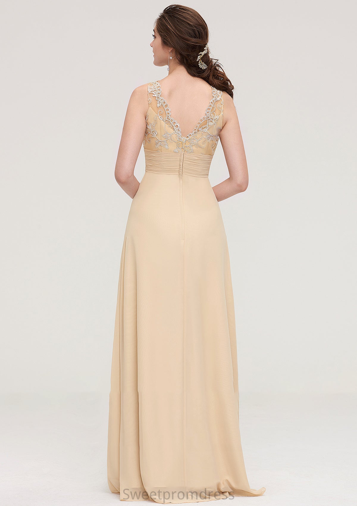 Sleeveless Halter Open Back Long/Floor-Length Sheath/Column Chiffon Bridesmaid Dresses With Pleated Lace Julie DHP0025451