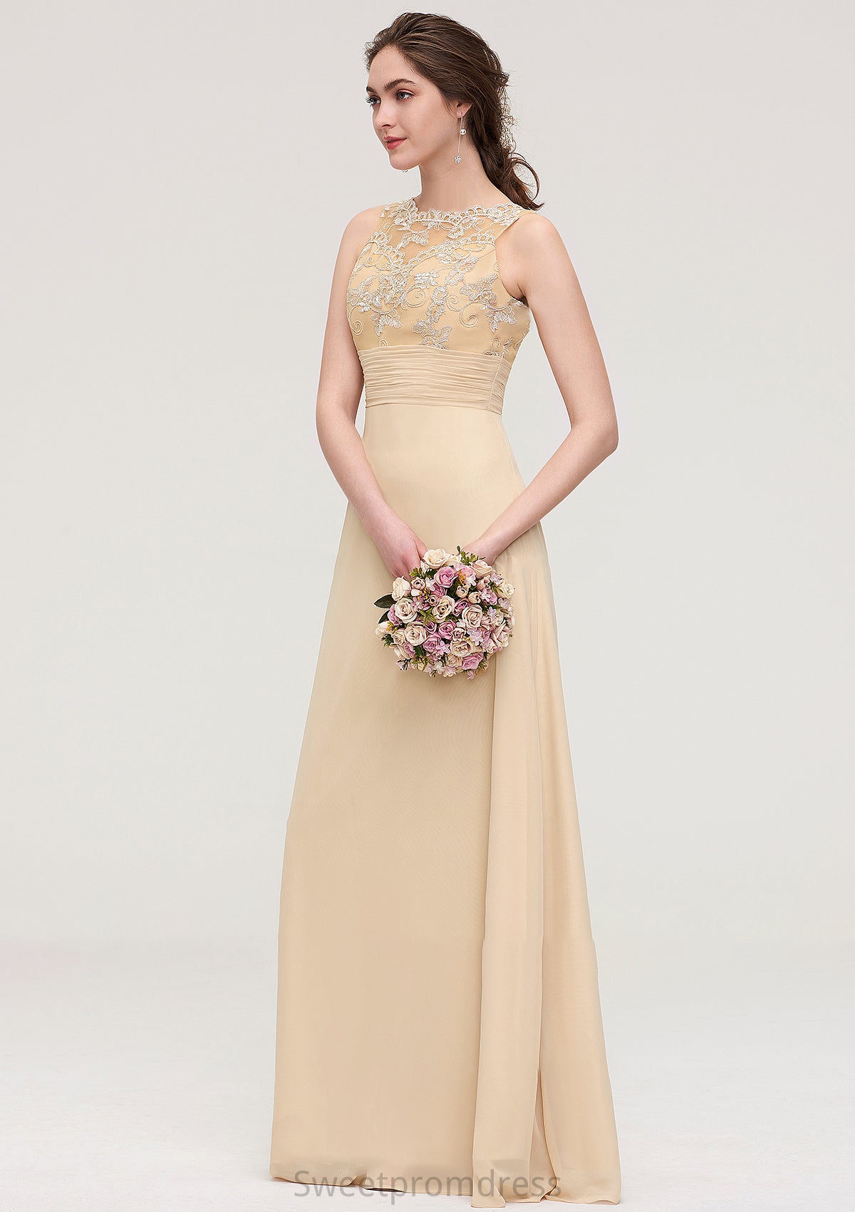 Sleeveless Halter Open Back Long/Floor-Length Sheath/Column Chiffon Bridesmaid Dresses With Pleated Lace Julie DHP0025451