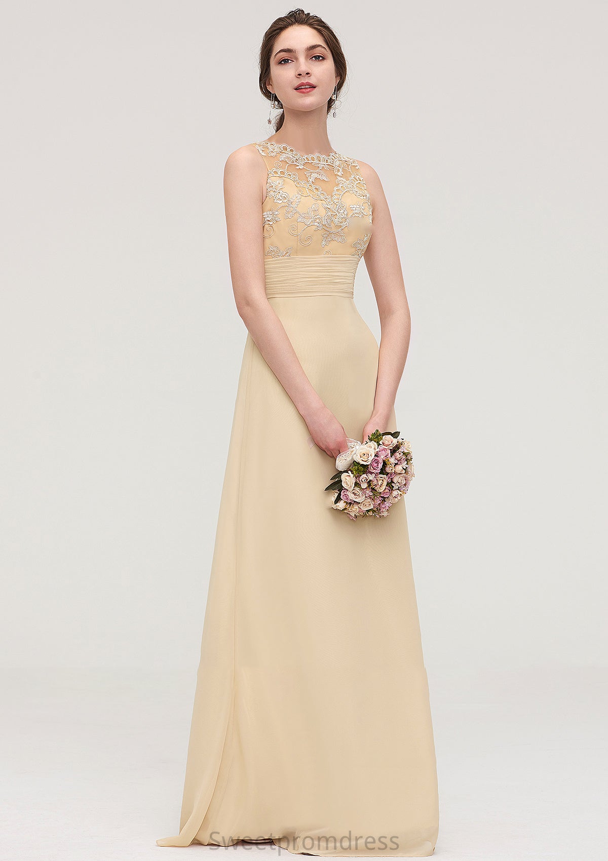 Sleeveless Halter Open Back Long/Floor-Length Sheath/Column Chiffon Bridesmaid Dresses With Pleated Lace Julie DHP0025451