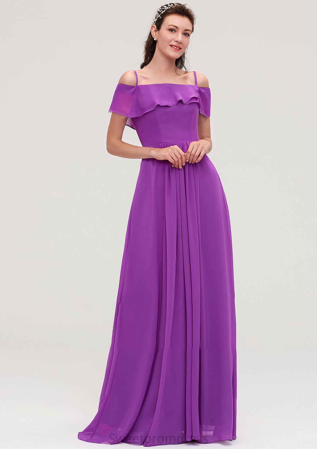 Sleeveless Off-the-Shoulder Chiffon A-line/Princess Long/Floor-Length Bridesmaid Dresseses With Ruffles Grace DHP0025452