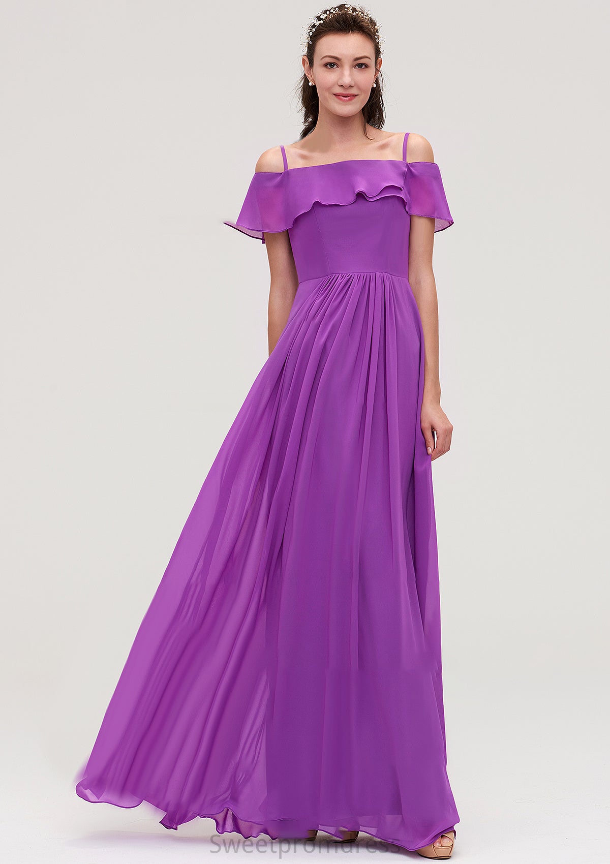 Sleeveless Off-the-Shoulder Chiffon A-line/Princess Long/Floor-Length Bridesmaid Dresseses With Ruffles Grace DHP0025452