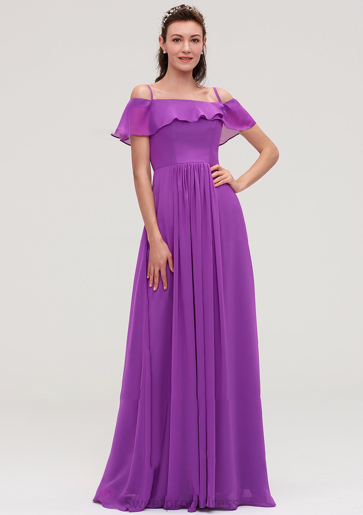 Sleeveless Off-the-Shoulder Chiffon A-line/Princess Long/Floor-Length Bridesmaid Dresseses With Ruffles Grace DHP0025452