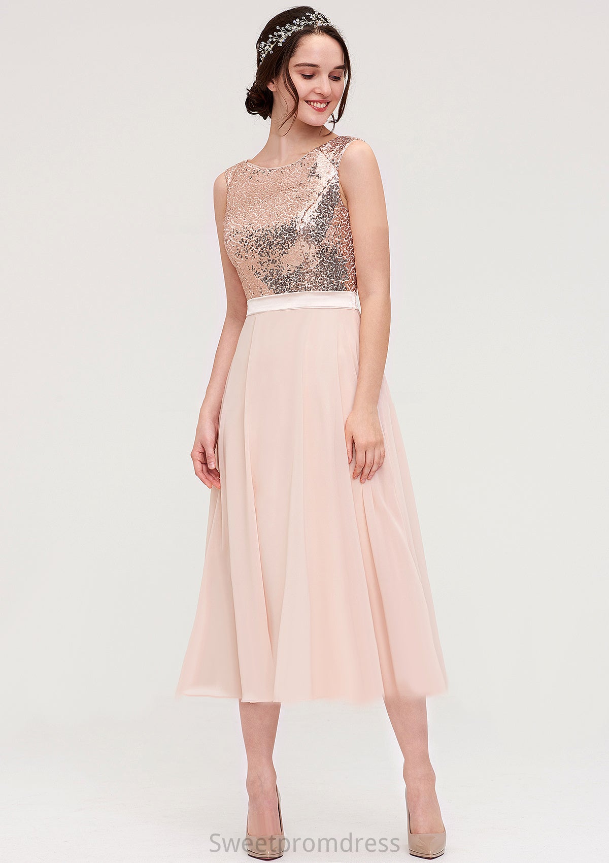 Sleeveless Bateau Chiffon A-line/Princess Bridesmaid Dresses With Sashes Sequins Seraphina DHP0025454