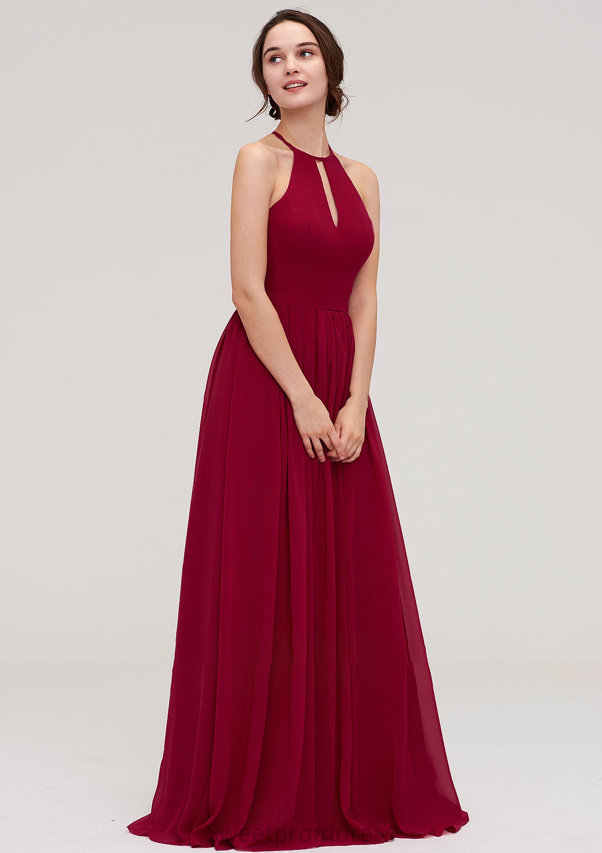 Scoop Neck Sleeveless A-line/Princess Long/Floor-Length Chiffon Bridesmaid Dresseses With Pleated Mireya DHP0025456