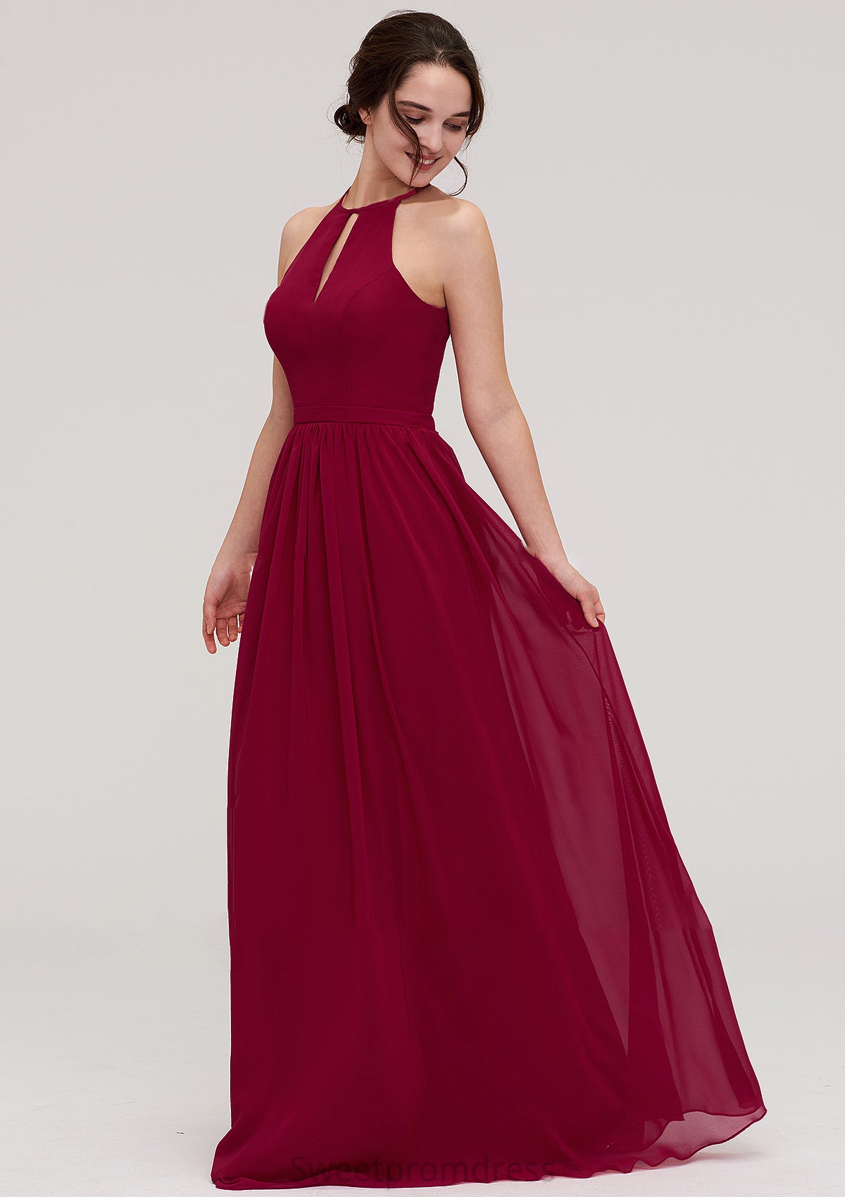 Scoop Neck Sleeveless A-line/Princess Long/Floor-Length Chiffon Bridesmaid Dresseses With Pleated Mireya DHP0025456