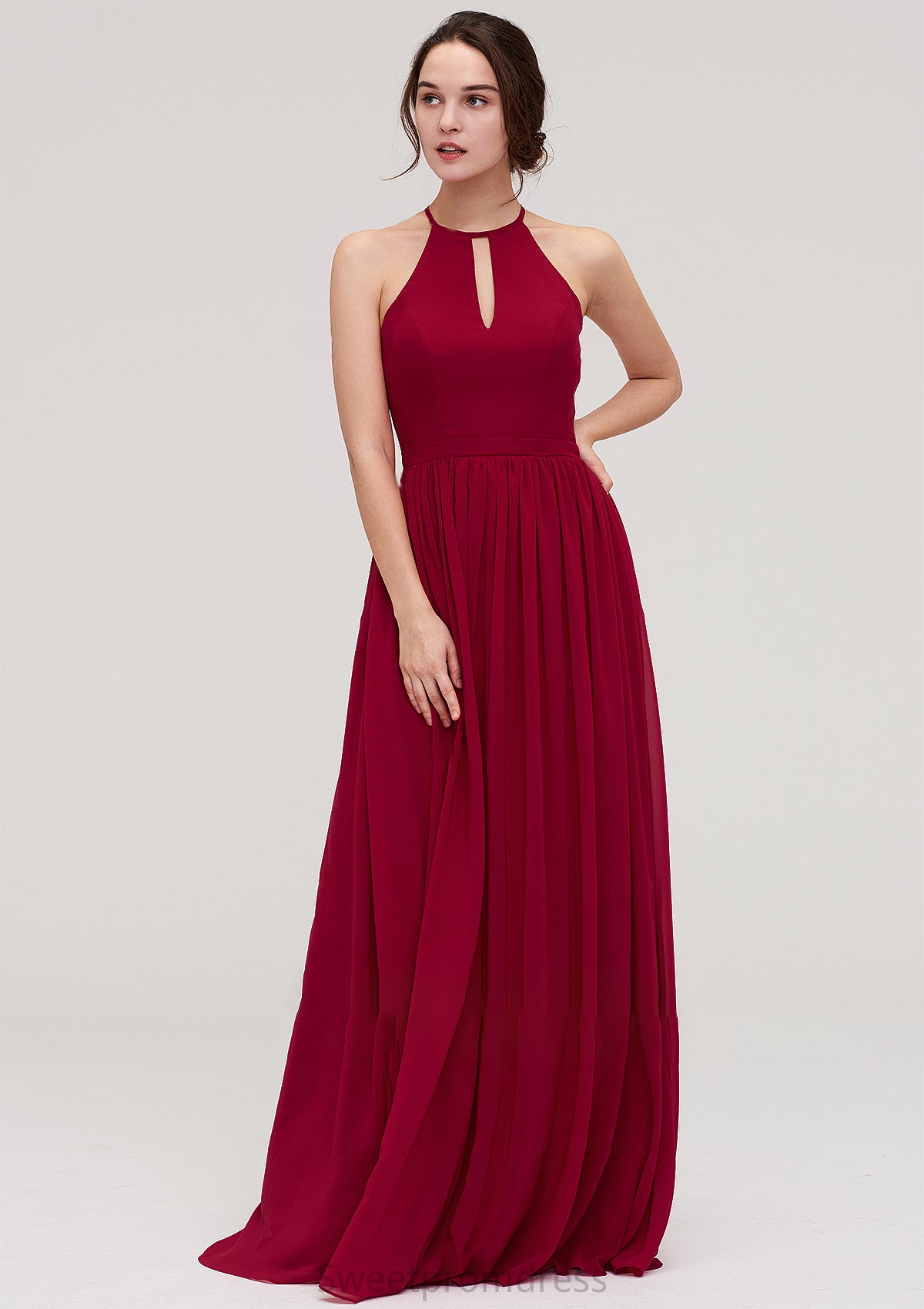 Scoop Neck Sleeveless A-line/Princess Long/Floor-Length Chiffon Bridesmaid Dresseses With Pleated Mireya DHP0025456