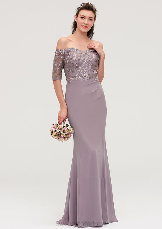 Off-the-Shoulder Half Sleeve Sheath/Column Long/Floor-Length Chiffon Bridesmaid Dresseses With Appliqued LuLu DHP0025458