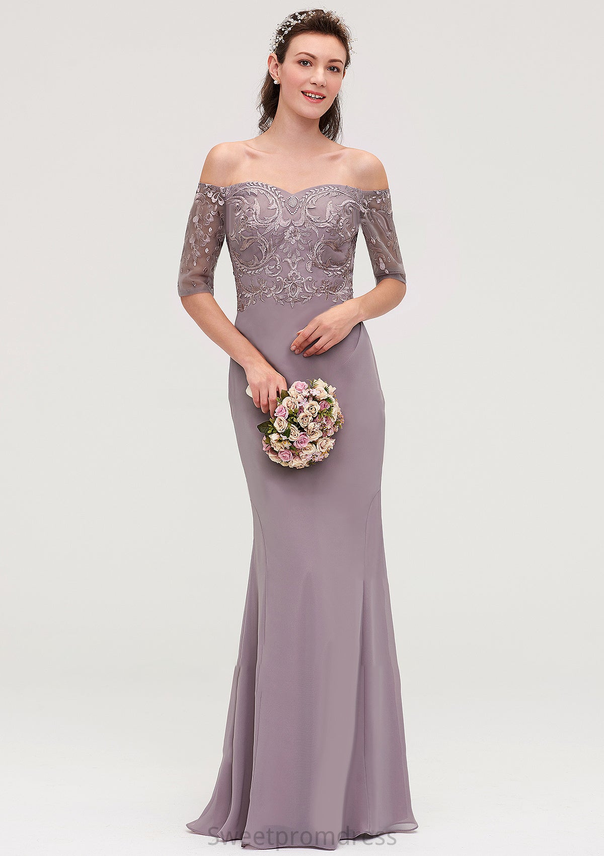 Off-the-Shoulder Half Sleeve Sheath/Column Long/Floor-Length Chiffon Bridesmaid Dresseses With Appliqued LuLu DHP0025458