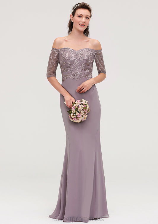 Off-the-Shoulder Half Sleeve Sheath/Column Long/Floor-Length Chiffon Bridesmaid Dresseses With Appliqued LuLu DHP0025458