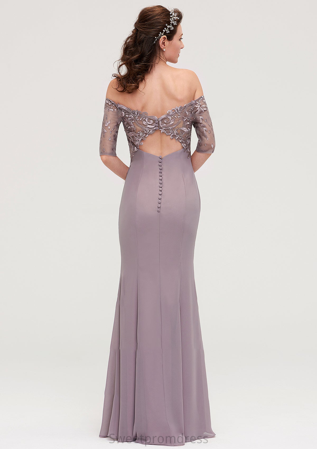 Off-the-Shoulder Half Sleeve Sheath/Column Long/Floor-Length Chiffon Bridesmaid Dresseses With Appliqued LuLu DHP0025458