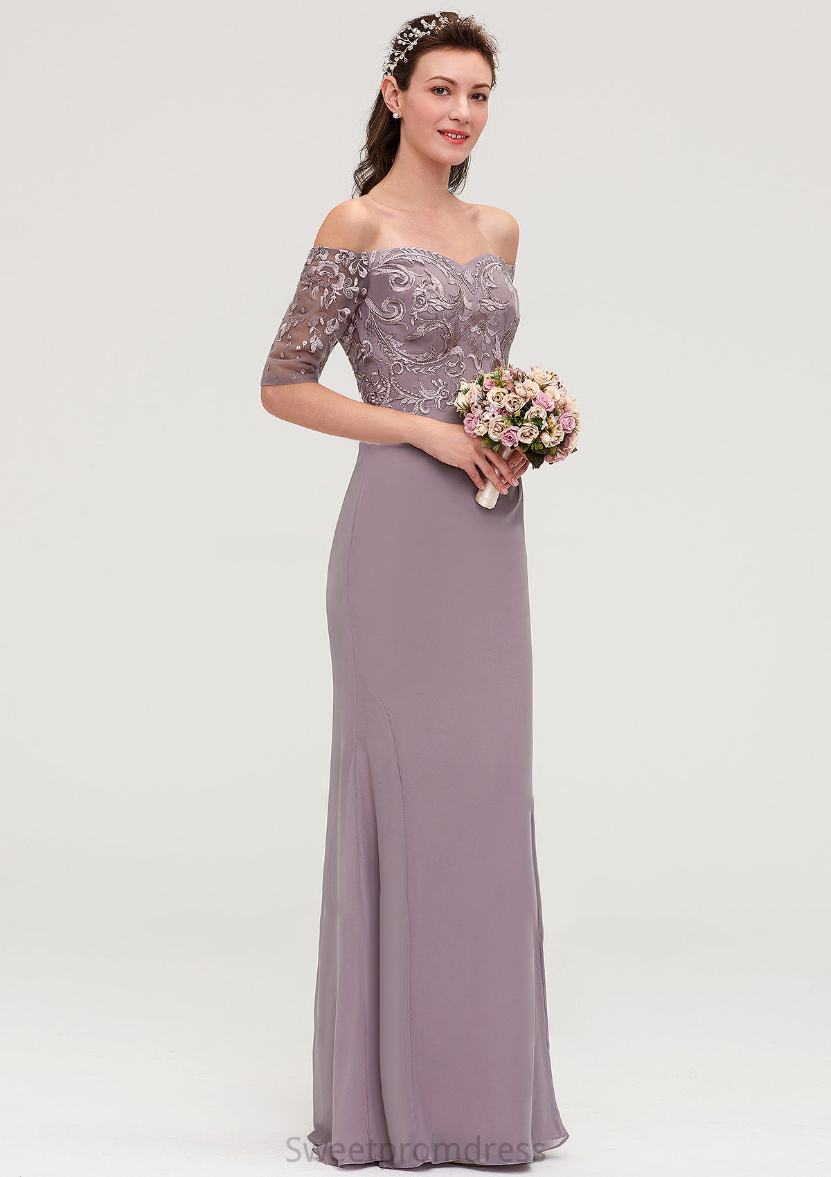 Off-the-Shoulder Half Sleeve Sheath/Column Long/Floor-Length Chiffon Bridesmaid Dresseses With Appliqued LuLu DHP0025458