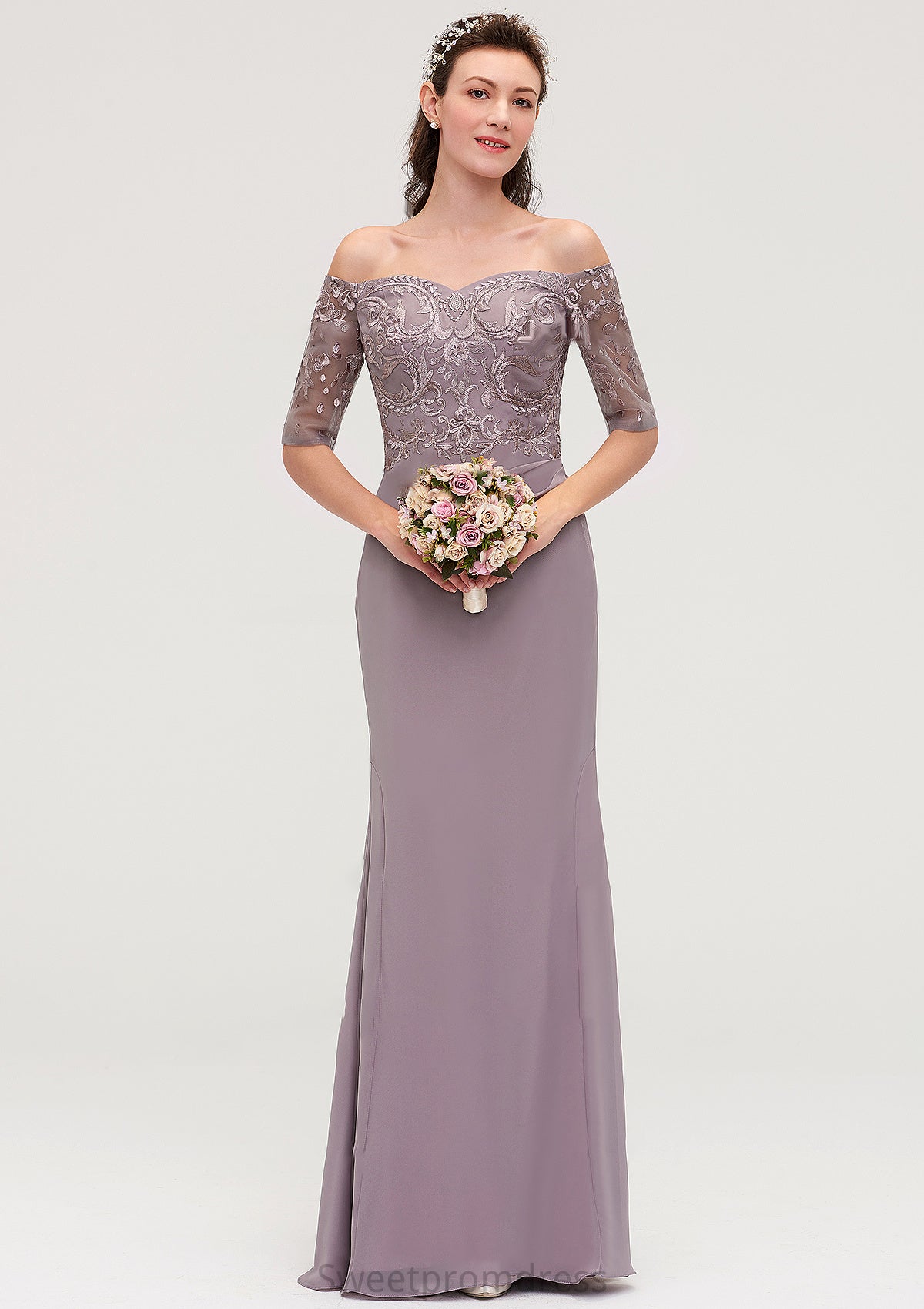 Off-the-Shoulder Half Sleeve Sheath/Column Long/Floor-Length Chiffon Bridesmaid Dresseses With Appliqued LuLu DHP0025458