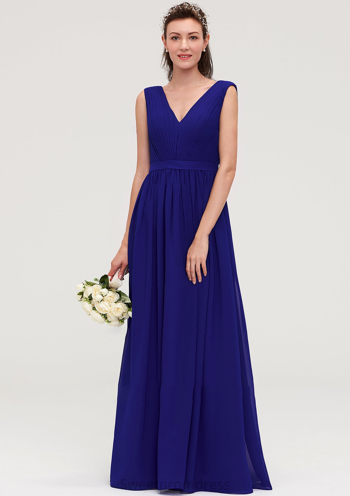 Sleeveless V Neck Chiffon A-line/Princess Long/Floor-Length Bridesmaid Dresseses With Pleated Catalina DHP0025459