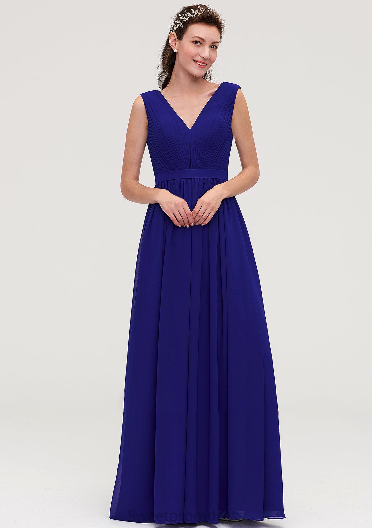 Sleeveless V Neck Chiffon A-line/Princess Long/Floor-Length Bridesmaid Dresseses With Pleated Catalina DHP0025459