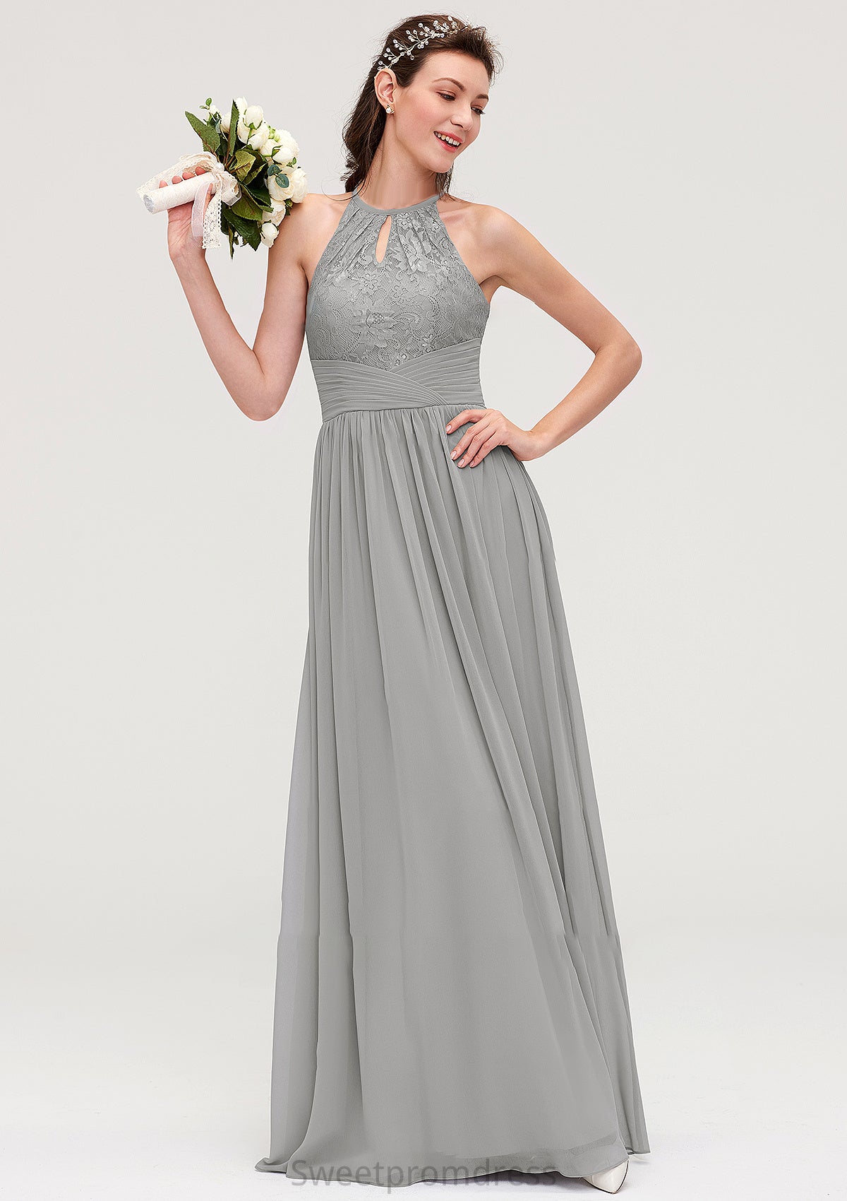 Sleeveless Scoop Neck Chiffon A-line/Princess Long/Floor-Length Bridesmaid Dresseses With Pleated Lace Madeleine DHP0025460