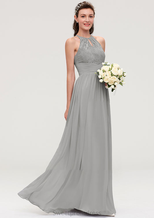 Sleeveless Scoop Neck Chiffon A-line/Princess Long/Floor-Length Bridesmaid Dresseses With Pleated Lace Madeleine DHP0025460