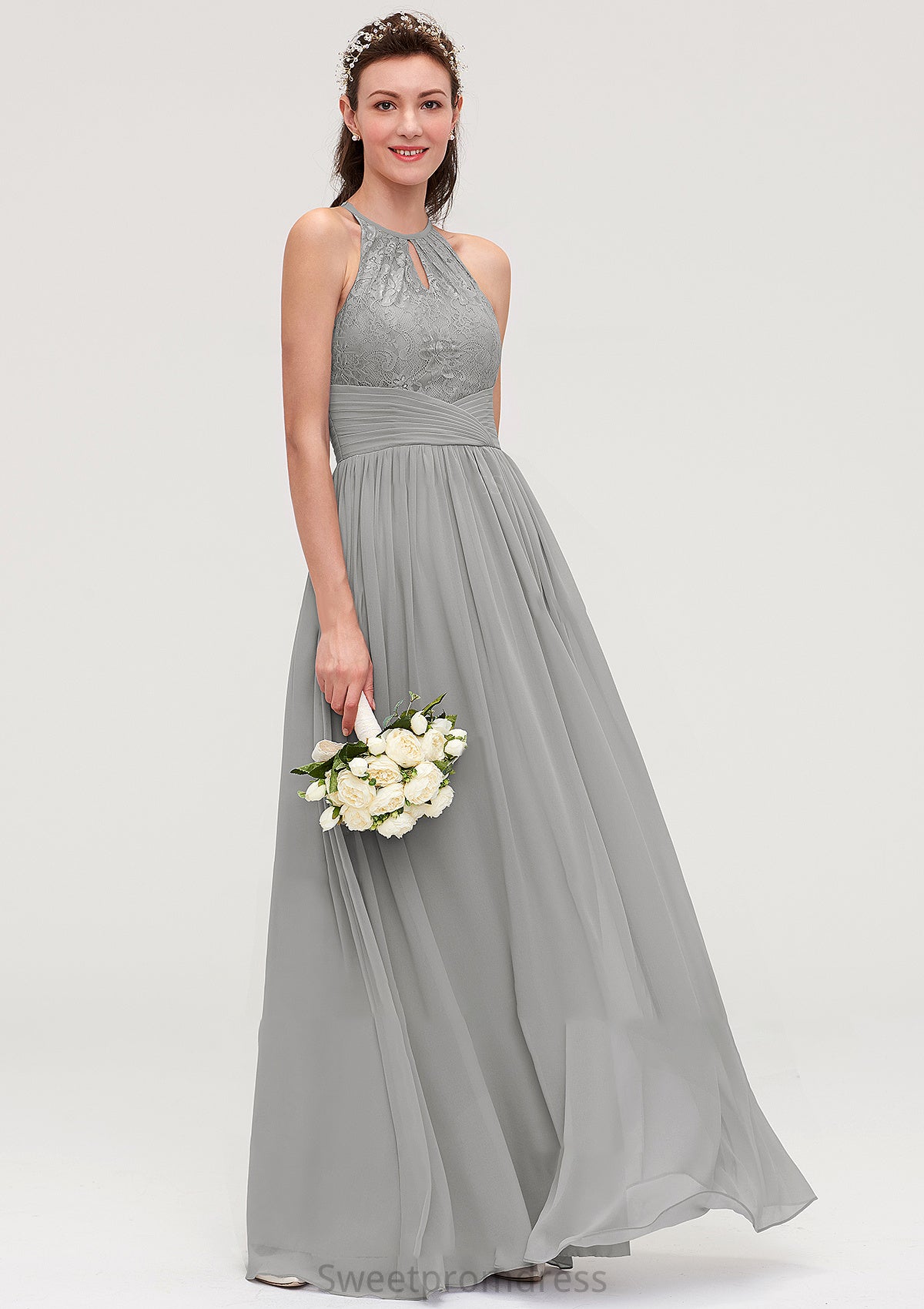 Sleeveless Scoop Neck Chiffon A-line/Princess Long/Floor-Length Bridesmaid Dresseses With Pleated Lace Madeleine DHP0025460