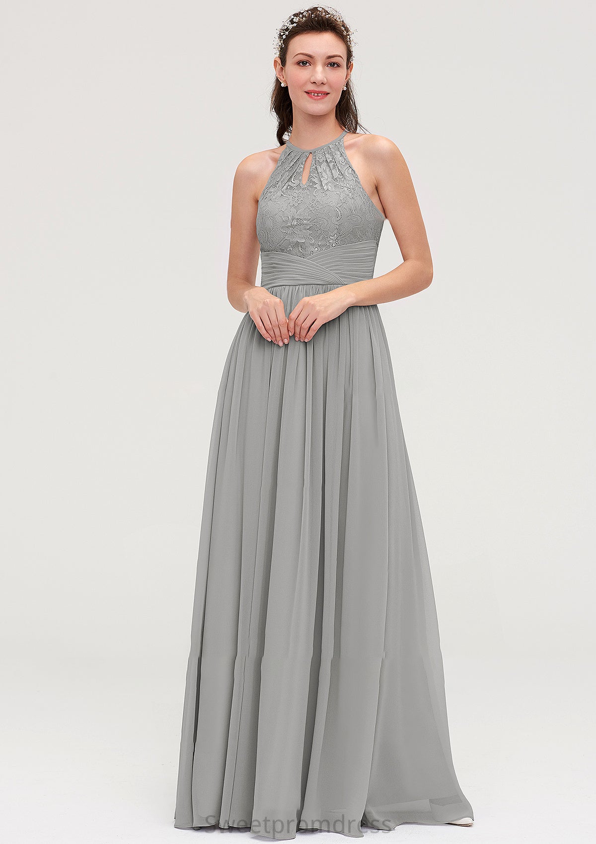 Sleeveless Scoop Neck Chiffon A-line/Princess Long/Floor-Length Bridesmaid Dresseses With Pleated Lace Madeleine DHP0025460