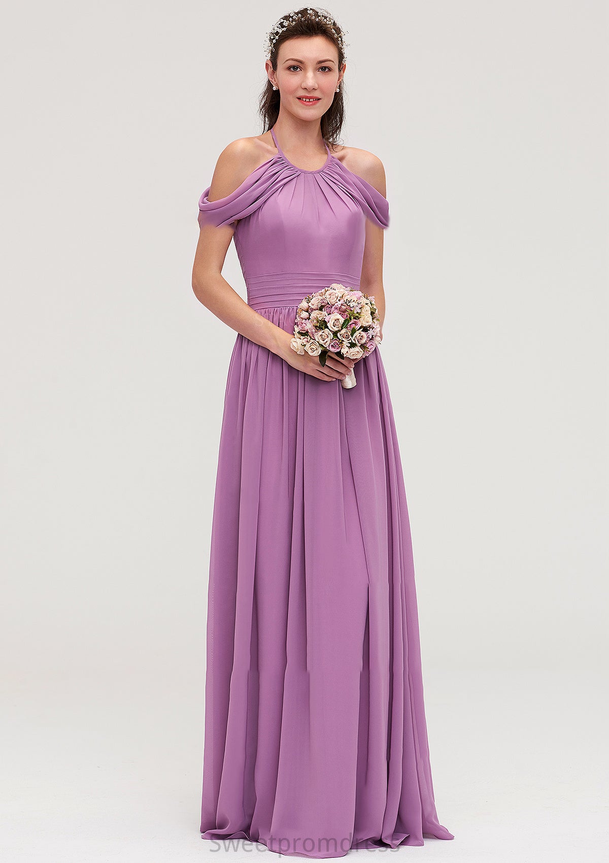 Scoop Neck Sleeveless Chiffon A-line/Princess Long/Floor-Length Bridesmaid Dresseses With Pleated Melody DHP0025461