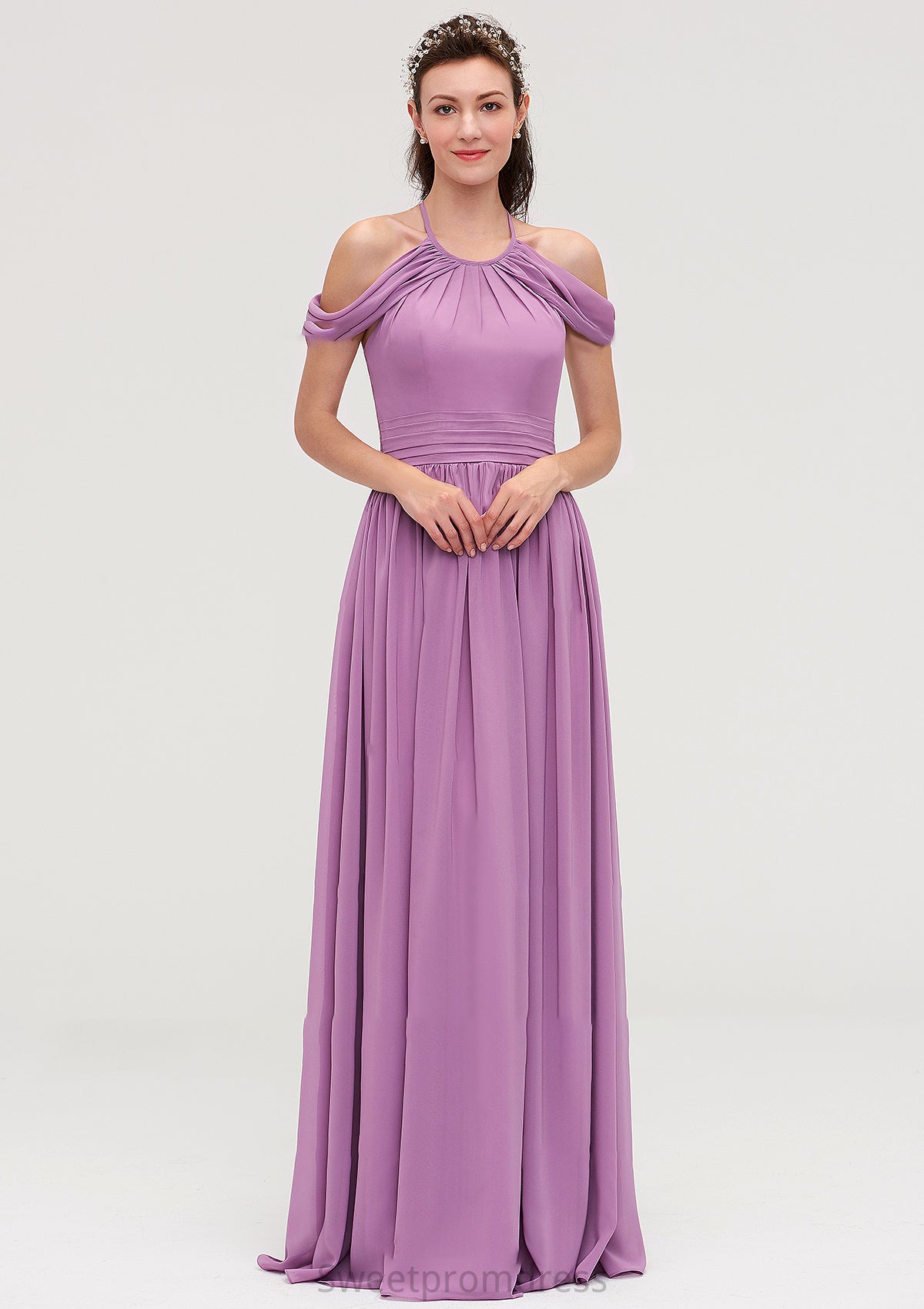 Scoop Neck Sleeveless Chiffon A-line/Princess Long/Floor-Length Bridesmaid Dresseses With Pleated Melody DHP0025461