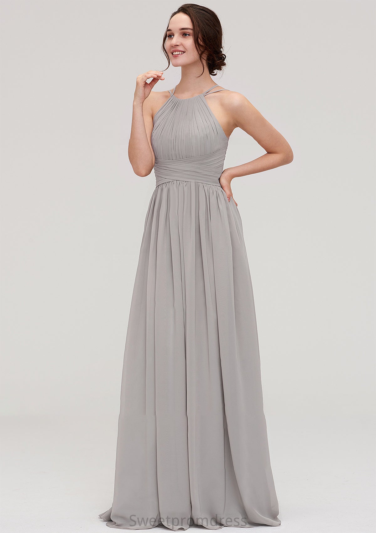 Halter Sleeveless A-line/Princess Long/Floor-Length Chiffon Bridesmaid Dresses With Pleated Allisson DHP0025462