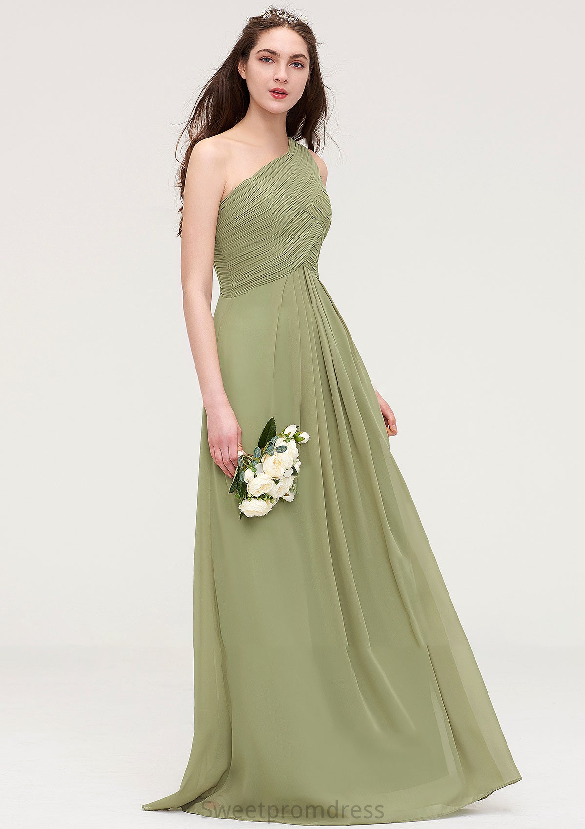 Sleeveless One-Shoulder Long/Floor-Length Chiffon A-line/Princess Bridesmaid Dresses With Pleated Carolina DHP0025463