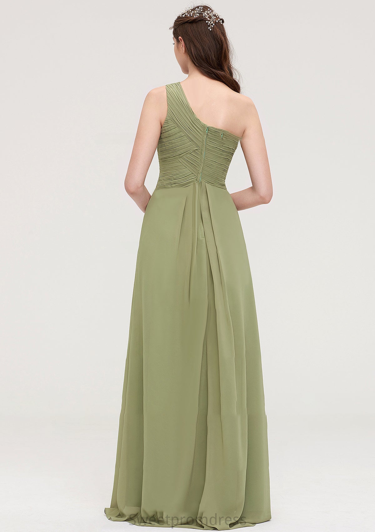 Sleeveless One-Shoulder Long/Floor-Length Chiffon A-line/Princess Bridesmaid Dresses With Pleated Carolina DHP0025463