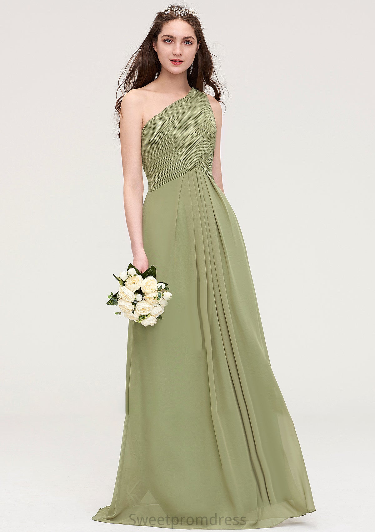 Sleeveless One-Shoulder Long/Floor-Length Chiffon A-line/Princess Bridesmaid Dresses With Pleated Carolina DHP0025463