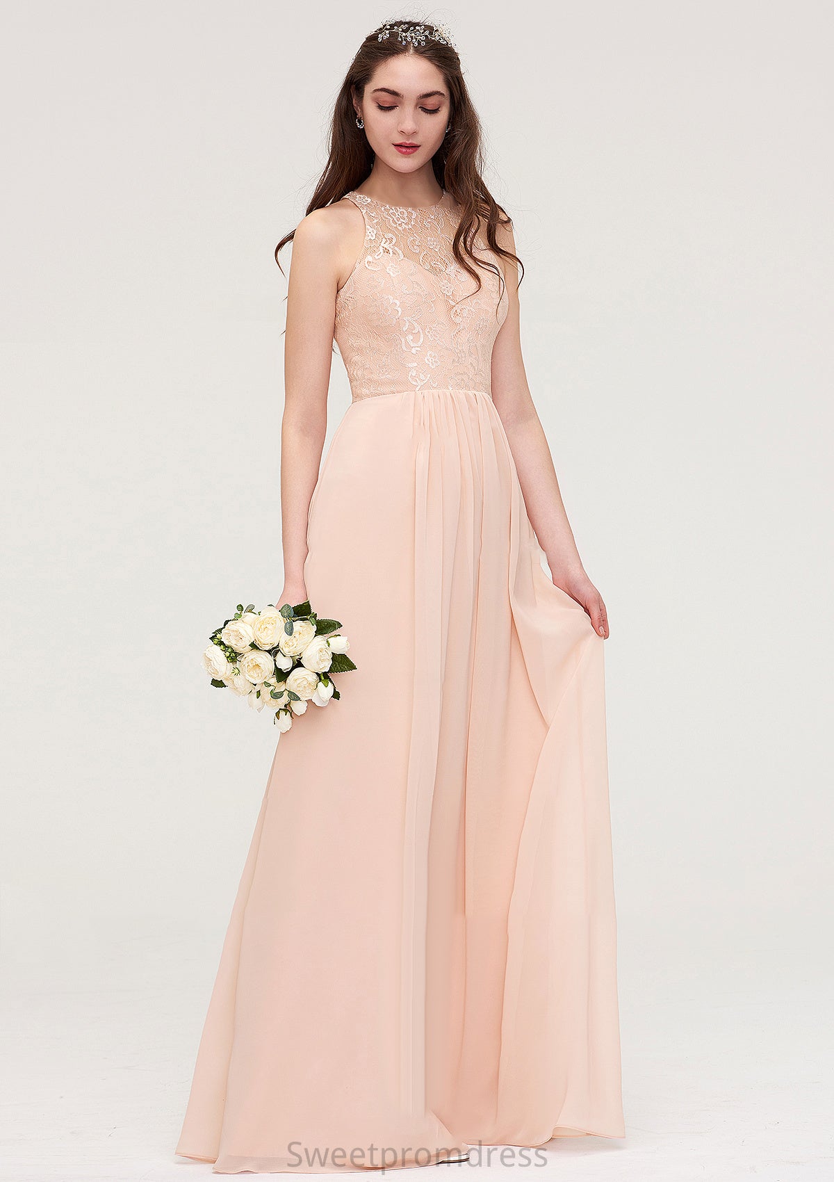 Bateau Sleeveless Long/Floor-Length Chiffon A-line/Princess Bridesmaid Dresses With Lace Pleated Kaylyn DHP0025464