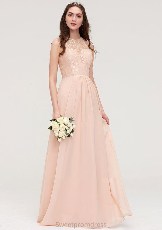 Bateau Sleeveless Long/Floor-Length Chiffon A-line/Princess Bridesmaid Dresses With Lace Pleated Kaylyn DHP0025464