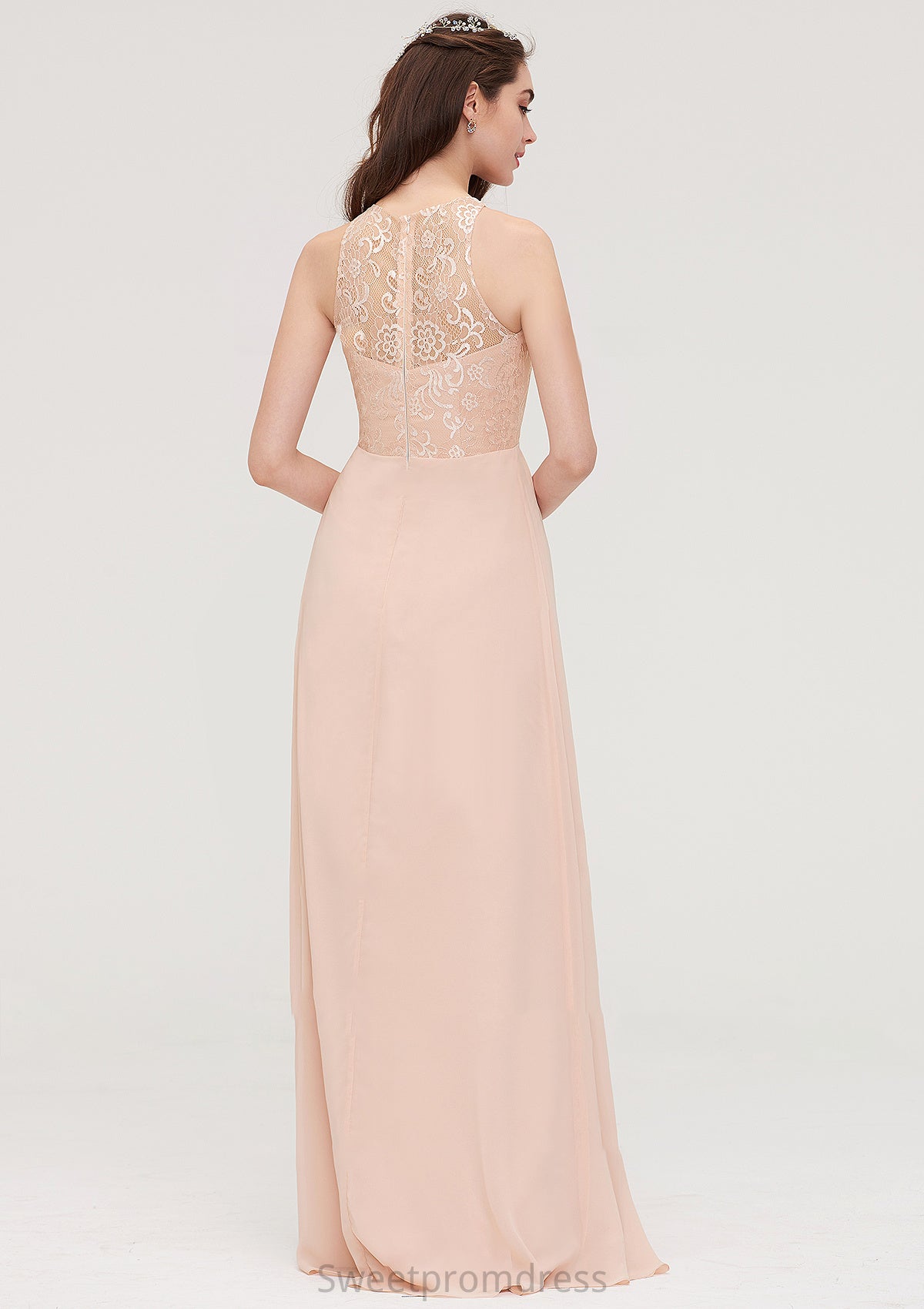 Bateau Sleeveless Long/Floor-Length Chiffon A-line/Princess Bridesmaid Dresses With Lace Pleated Kaylyn DHP0025464