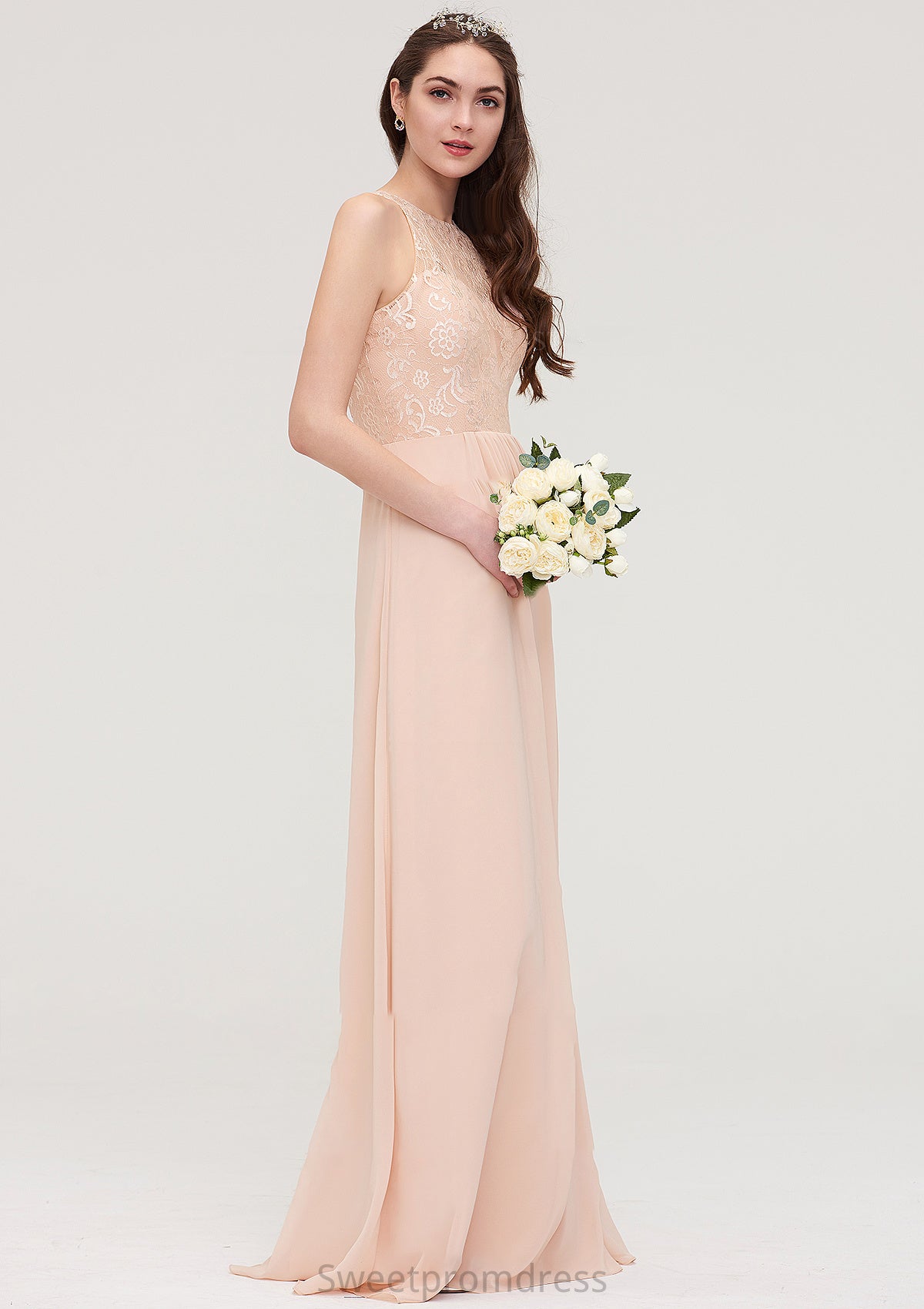 Bateau Sleeveless Long/Floor-Length Chiffon A-line/Princess Bridesmaid Dresses With Lace Pleated Kaylyn DHP0025464