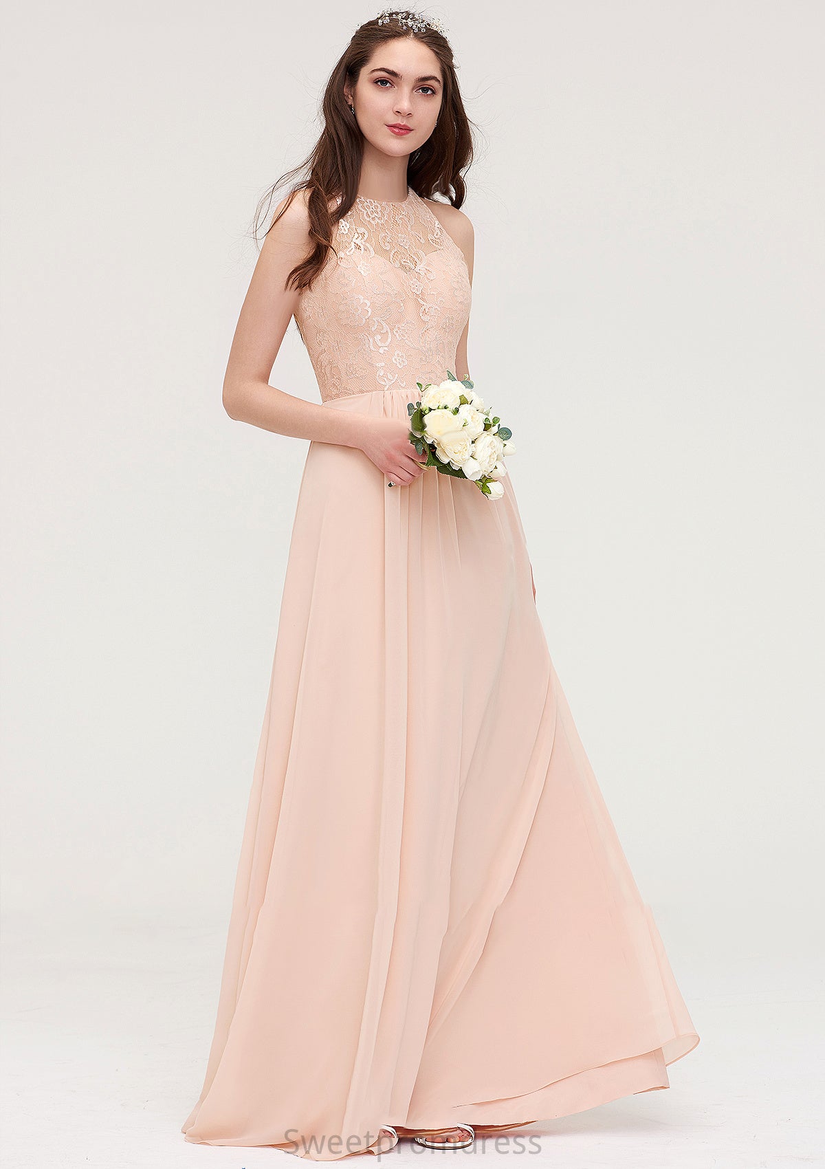 Bateau Sleeveless Long/Floor-Length Chiffon A-line/Princess Bridesmaid Dresses With Lace Pleated Kaylyn DHP0025464