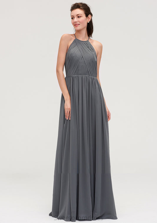 Sleeveless Halter Chiffon A-line/Princess Long/Floor-Length Bridesmaid Dresseses With Pleated Makenzie DHP0025466