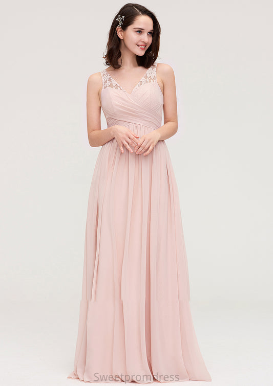 Sleeveless V Neck Long/Floor-Length Chiffon A-line/Princess Bridesmaid Dresses With Pleated Appliqued Paris DHP0025467