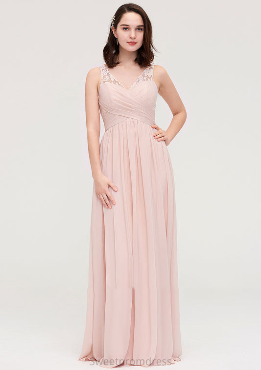 Sleeveless V Neck Long/Floor-Length Chiffon A-line/Princess Bridesmaid Dresses With Pleated Appliqued Paris DHP0025467