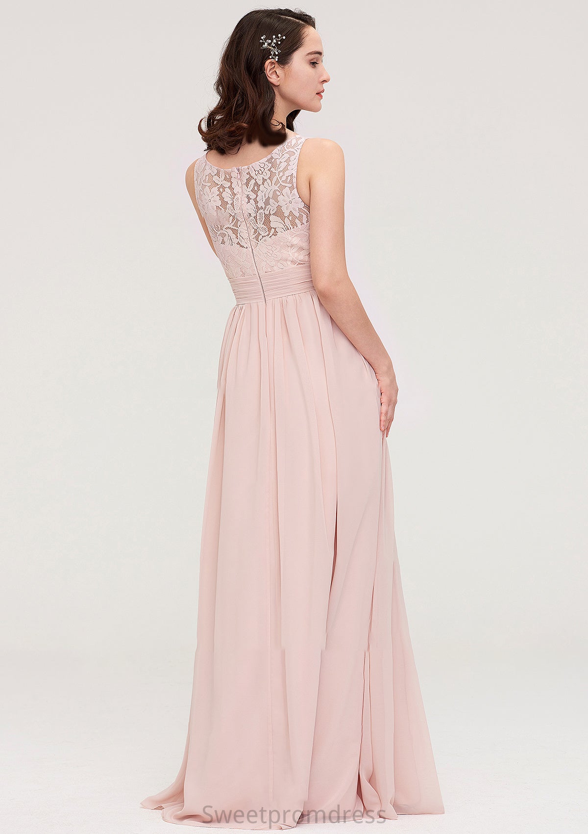 Sleeveless V Neck Long/Floor-Length Chiffon A-line/Princess Bridesmaid Dresses With Pleated Appliqued Paris DHP0025467