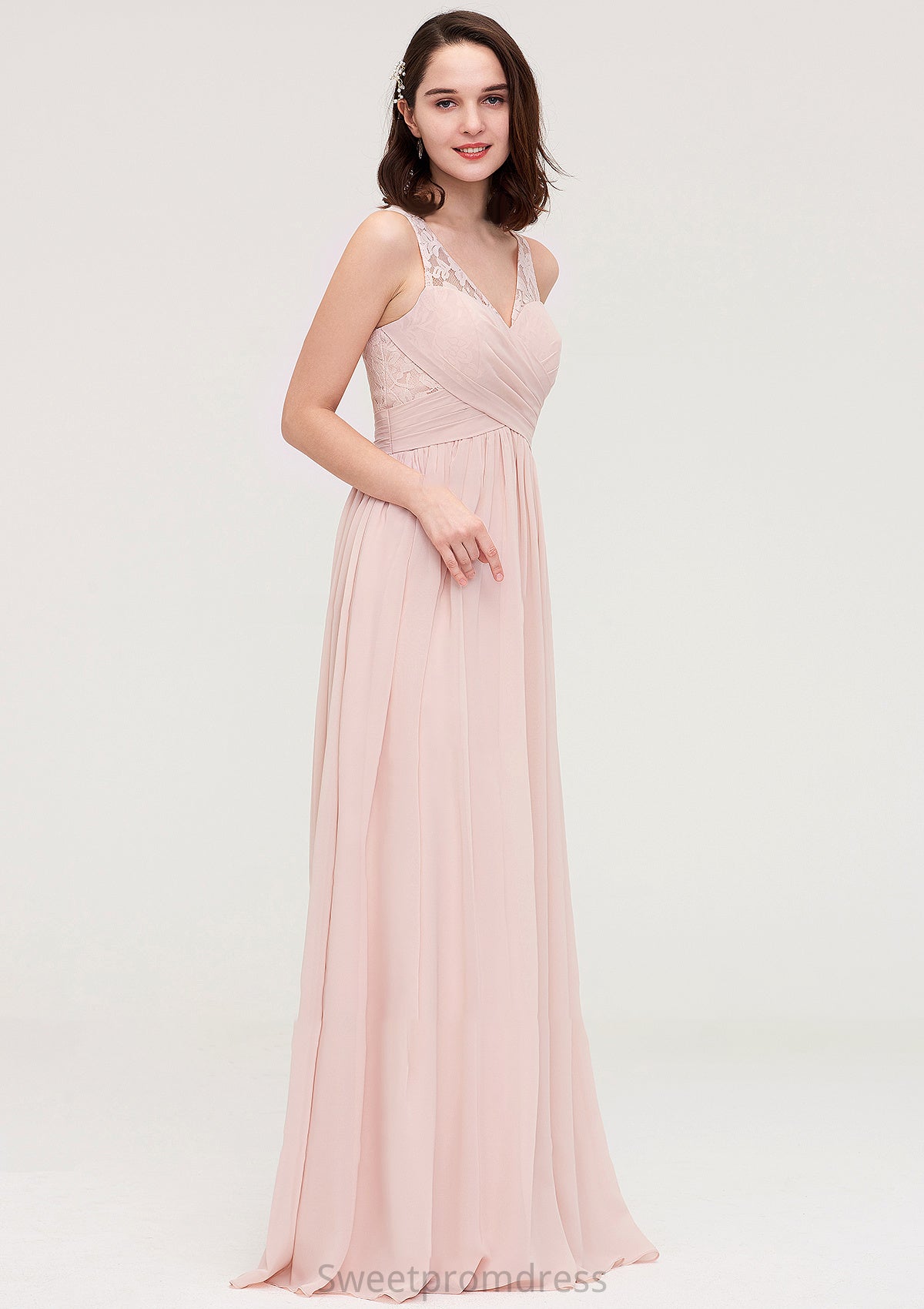 Sleeveless V Neck Long/Floor-Length Chiffon A-line/Princess Bridesmaid Dresses With Pleated Appliqued Paris DHP0025467