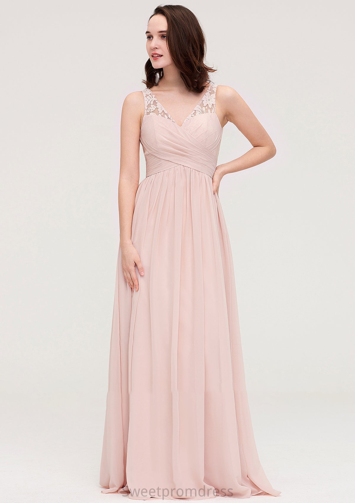 Sleeveless V Neck Long/Floor-Length Chiffon A-line/Princess Bridesmaid Dresses With Pleated Appliqued Paris DHP0025467