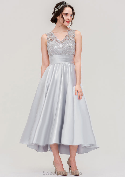 Sleeveless V Neck Asymmetrical Satin A-line/Princess Bridesmaid Dresses With Pleated Lace Celeste DHP0025468