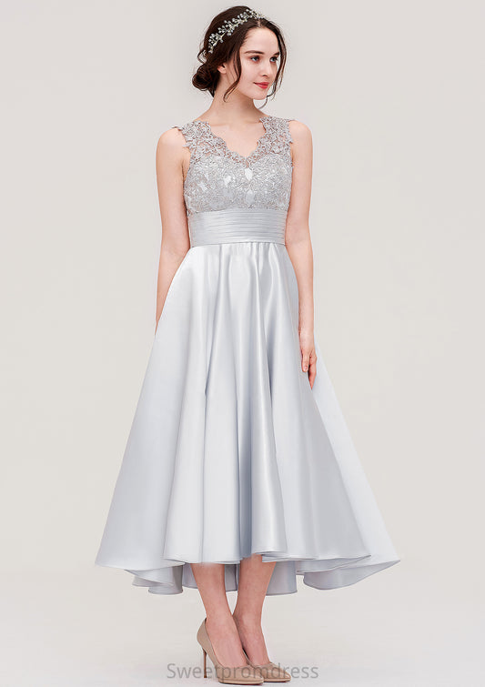 Sleeveless V Neck Asymmetrical Satin A-line/Princess Bridesmaid Dresses With Pleated Lace Celeste DHP0025468