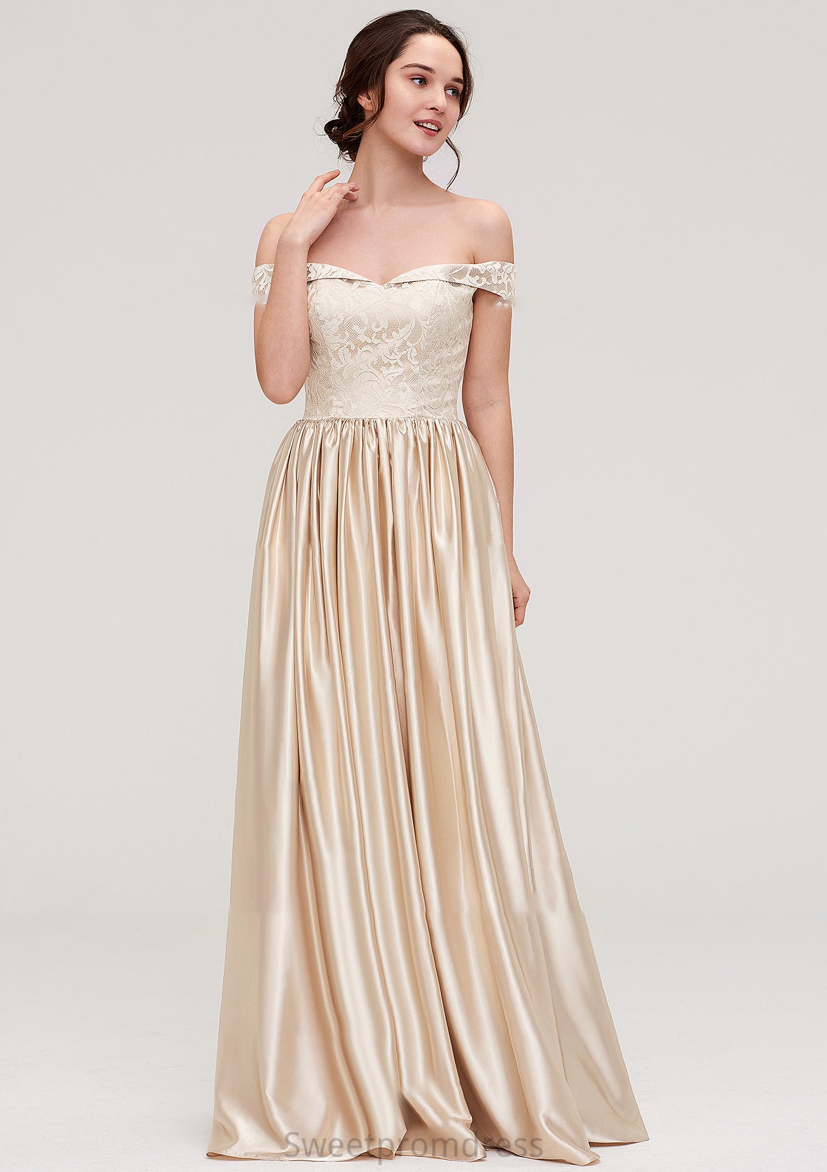 Off-the-Shoulder SleevelessA-line/Princess Charmeuse  Long/Floor-Length Bridesmaid Dresses With Appliqued Eliza DHP0025469