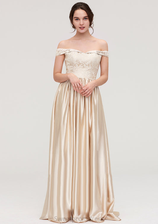 Off-the-Shoulder SleevelessA-line/Princess Charmeuse  Long/Floor-Length Bridesmaid Dresses With Appliqued Eliza DHP0025469