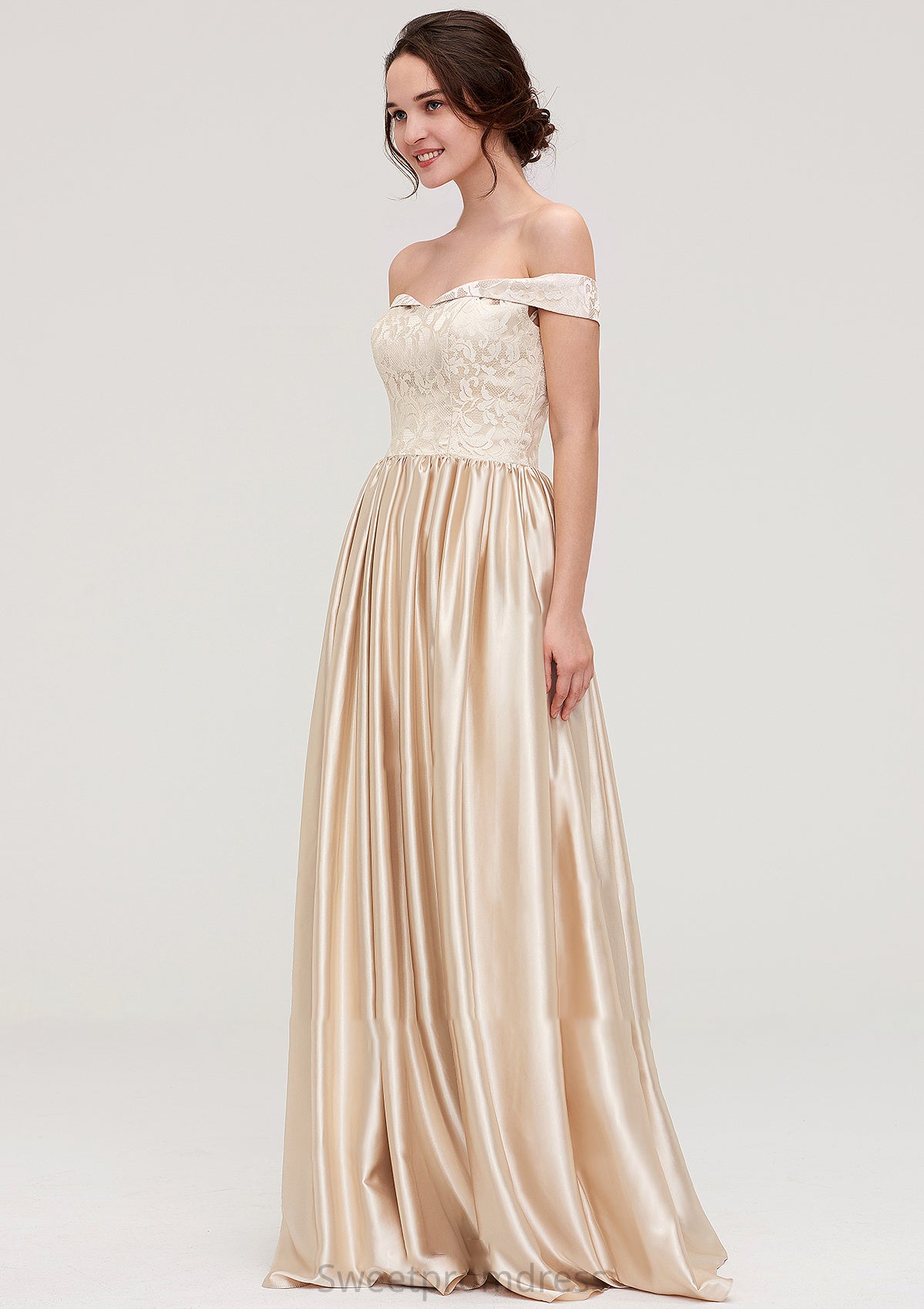 Off-the-Shoulder SleevelessA-line/Princess Charmeuse  Long/Floor-Length Bridesmaid Dresses With Appliqued Eliza DHP0025469