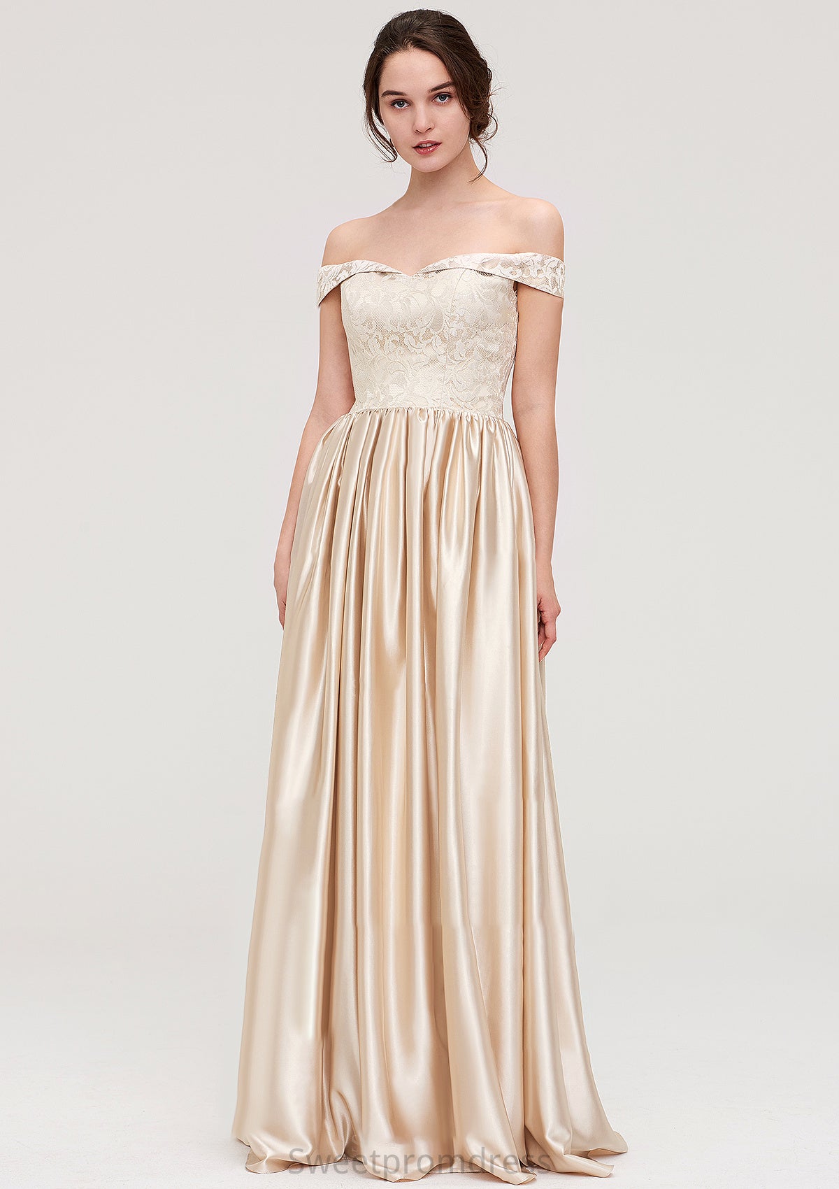 Off-the-Shoulder SleevelessA-line/Princess Charmeuse  Long/Floor-Length Bridesmaid Dresses With Appliqued Eliza DHP0025469