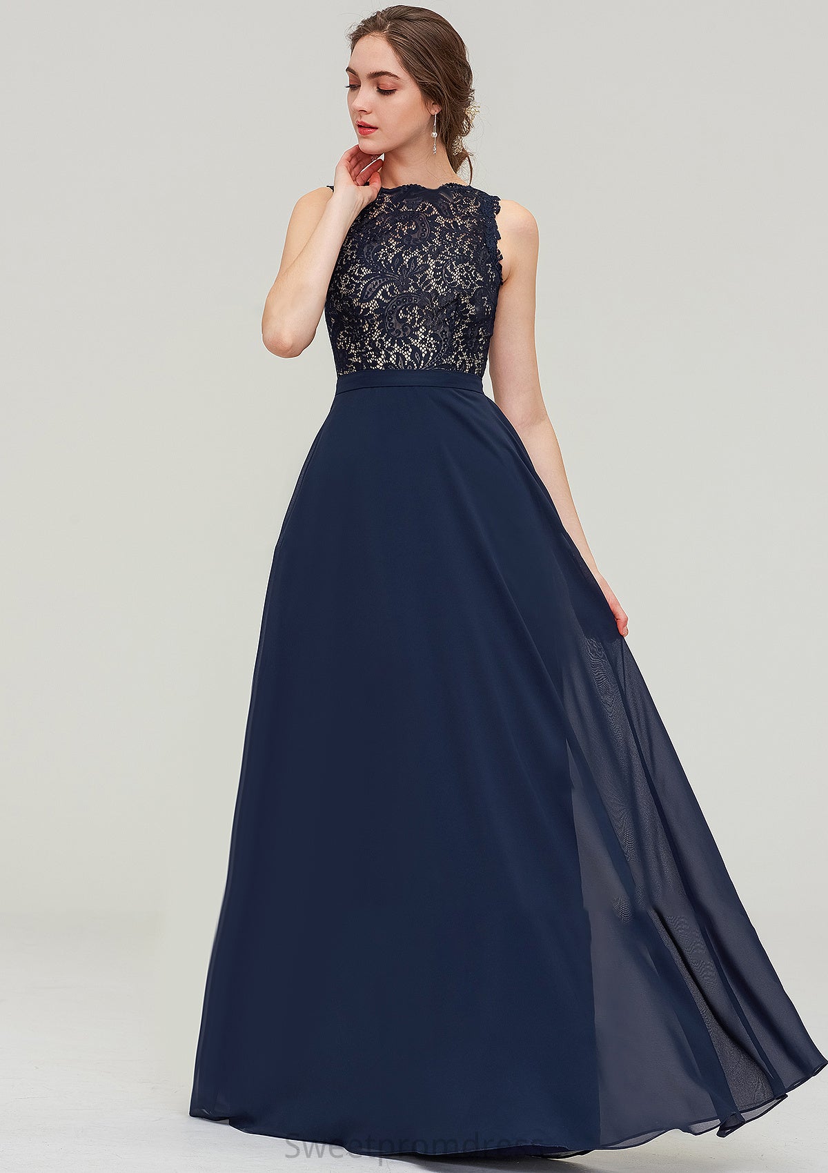 Sleeveless Bateau Long/Floor-Length  Chiffon A-line/Princess Bridesmaid Dresses With Sashes Lace Nora DHP0025471