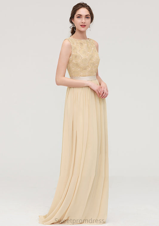 Bateau Sleeveless A-line/Princess Chiffon Long/Floor-Length Bridesmaid Dresses With Sashes Lace Kendra DHP0025472