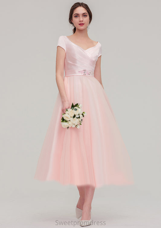 Sweetheart Short Sleeve Tea-Length Tulle A-line/Princess Bridesmaid Dresses With Waistband Beading Pleated Cecelia DHP0025473