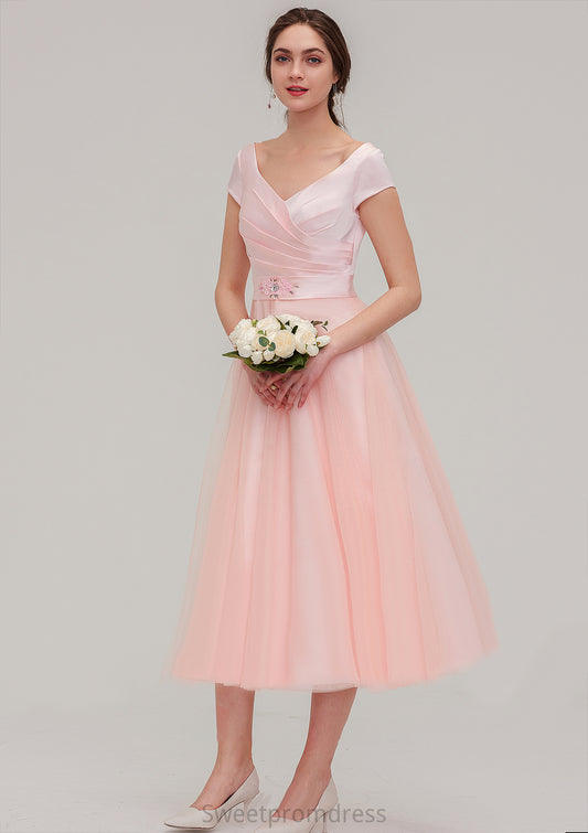 Sweetheart Short Sleeve Tea-Length Tulle A-line/Princess Bridesmaid Dresses With Waistband Beading Pleated Cecelia DHP0025473