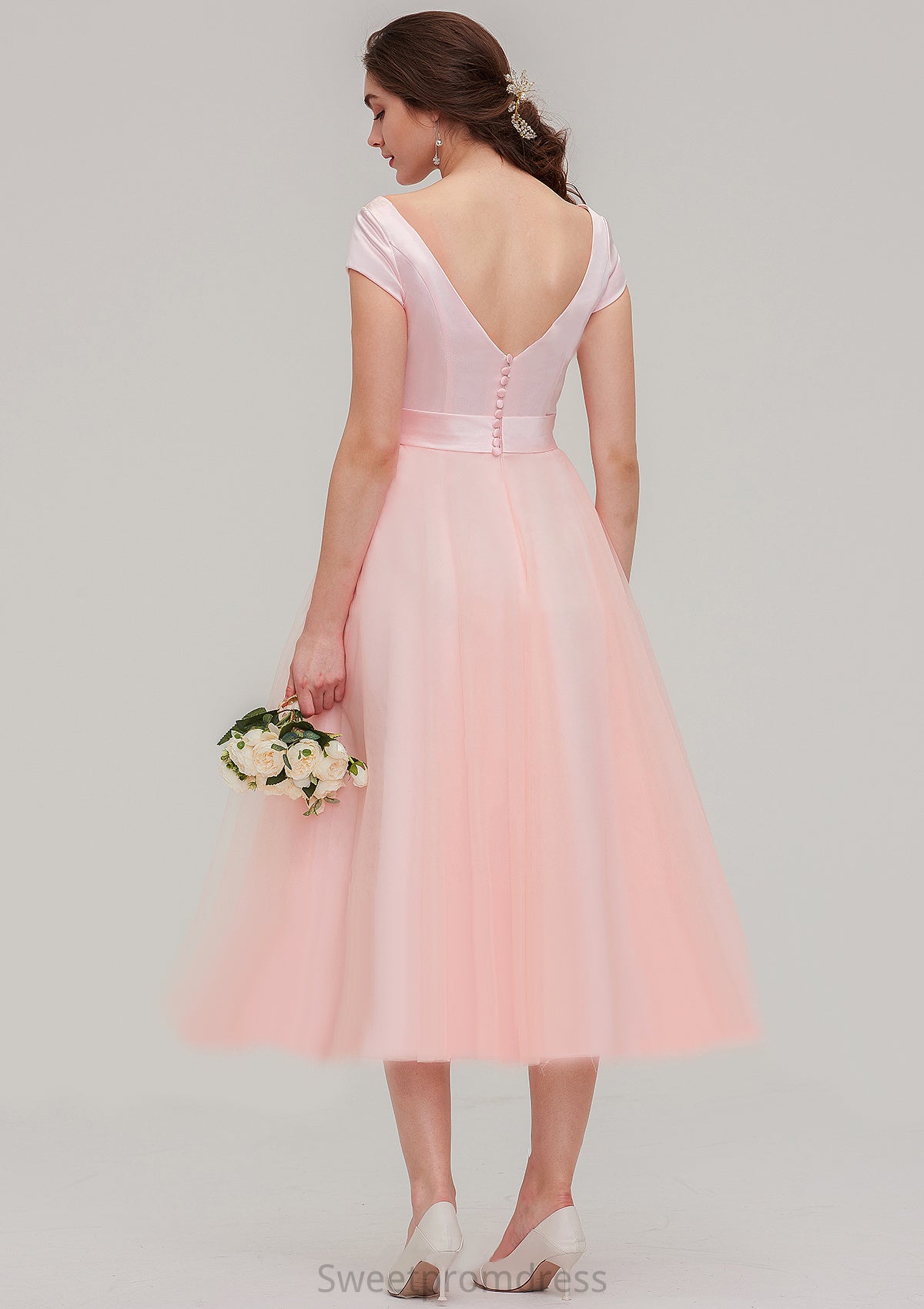 Sweetheart Short Sleeve Tea-Length Tulle A-line/Princess Bridesmaid Dresses With Waistband Beading Pleated Cecelia DHP0025473